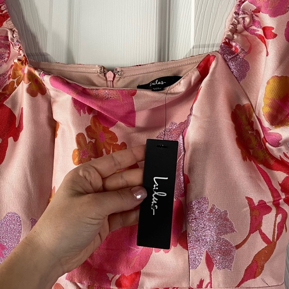 NWT Lulus So Stunning Orange Multi Floral Jacquard Puff Sleeve Mini Dress - Picture 6 of 7